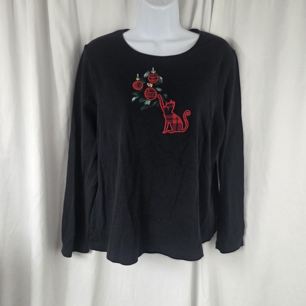 Croft & Barrow Shirt Womens XL Black Scoop Neck Long Sleeve Christmas Cat Top